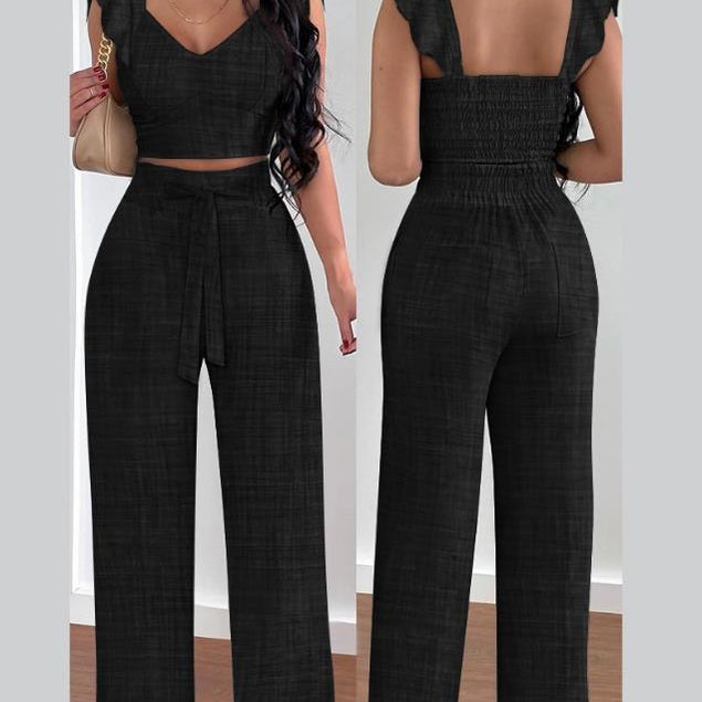 Two Piece Sets Womens Outifits Spring Fashion Shirred V-Neck Sleeveless Crop Top & Casual Pocket Design Wide Leg Pants Set A