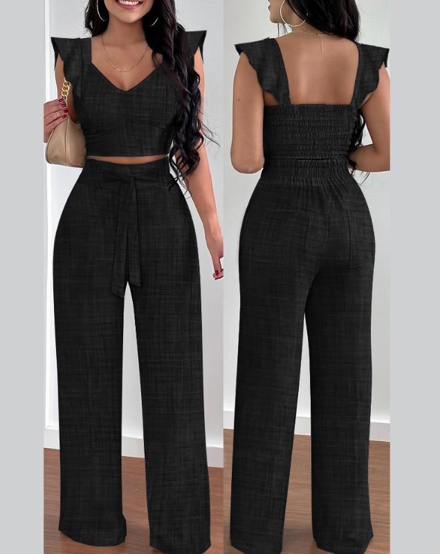 Two Piece Sets Womens Outifits Spring Fashion Shirred V-Neck Sleeveless Crop Top & Casual Pocket Design Wide Leg Pants Set A