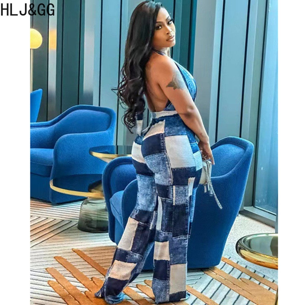 Blue Sexy Denim Color Patchwork Jumpsuits Women Hollow Out Halter One Piece Playsuits Casual Plaid Printing Overalls