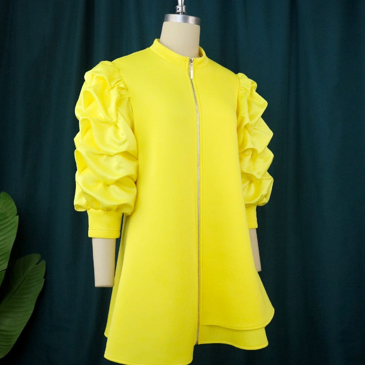 Trendy Fall Winter Mini Shift Dress Women High Neck Puff Sleeve Zipper Tunic Dress Retro Vintage Party Club Events Wear 4XL