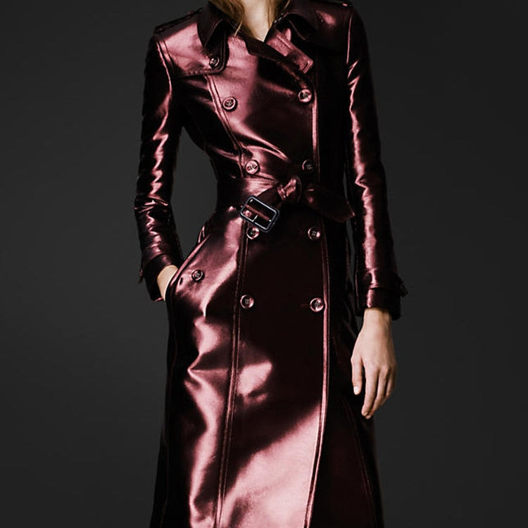 Spring Autumn Long Shiny Reflective Patent Leather Trench Coat for Women Belt Double Breasted Cool European Fashion
