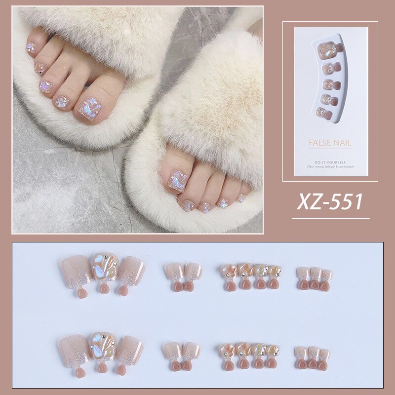 Summer Gold Full Diamond Feet Nails Press On Fake Glitter Toe Nail Stickers Full Cover Toe Nail Tips False Foot Nails