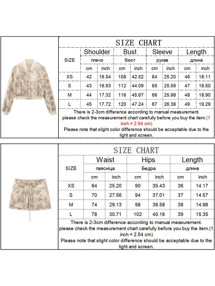 Women Spring Pilot Jackets Skirt Sets Fashion Print Long Sleeved Short Coats Pockets Elastic Waist Mini Skirts Outwear