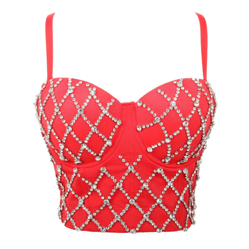 Women Tank Tops Luxury Sequined Rhinestone Pearl Wedding Push Up Bra Woman Clothes Camis Stage Ladies Crop Top Corset y2k Blusas 17-red