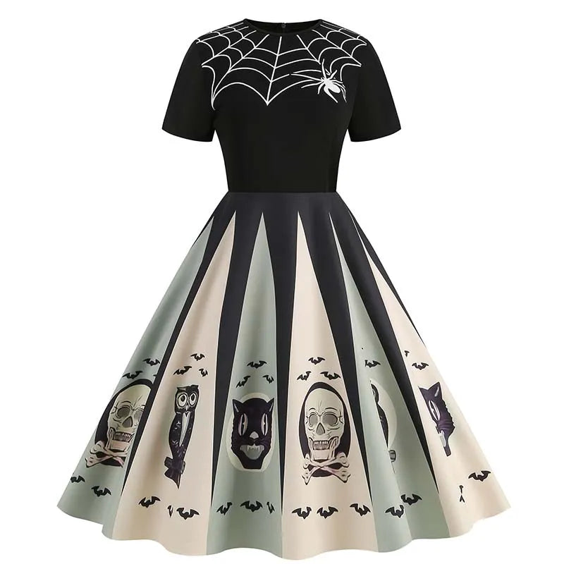 Women Halloween Costumes Dresses Short Sleeve Print Autumn Winter Vintage Party Dress Vestidos 001