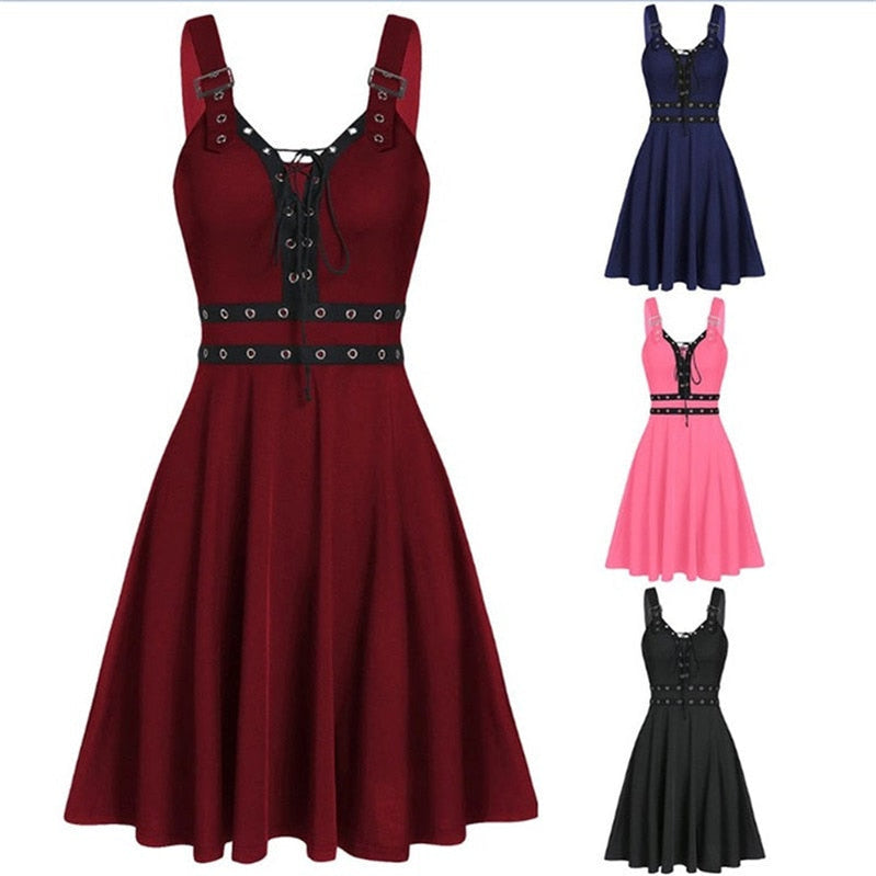 Women Mini Dresses Gothic Black Sexy Deep V Neck Fall Punk Sleeveless Rivet Fashion Tunic Hip Hop Bandage Female Dress