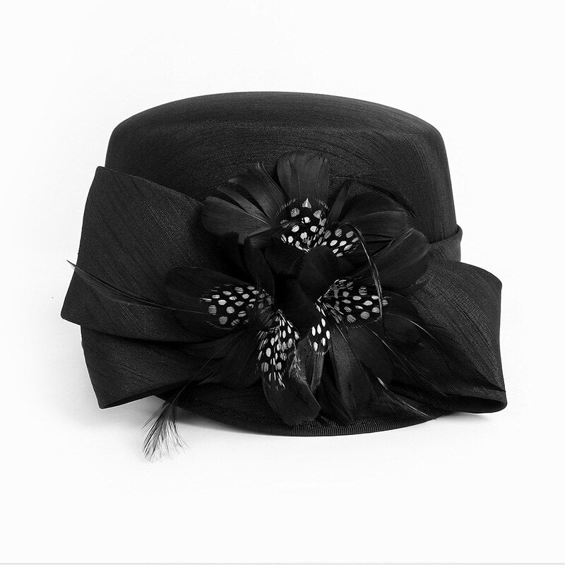 FS Luxury Woman Sun Hat Wedding Ceremony Fashion Elegant Millinery Tea Party Bowler Cap Flower Feather Bucket Hats Female Black 53 to 57cm