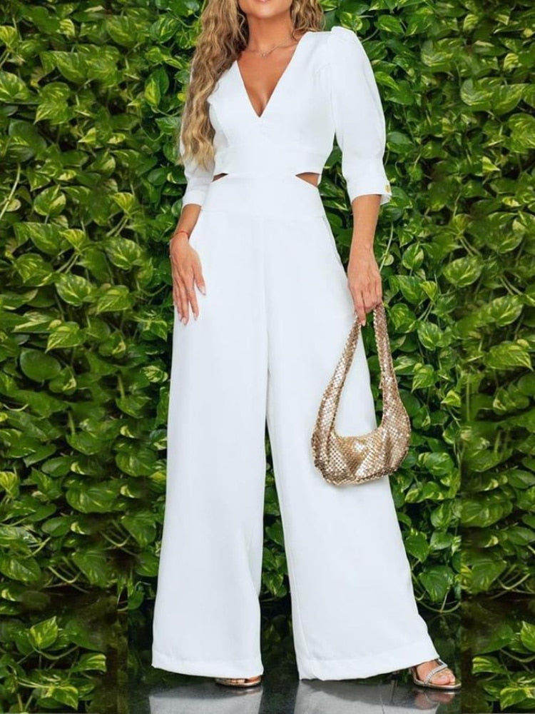 Women's Pants Spring Summer Woman Jumpsuit New Fashion Loose Short Sleeved V-neck Solid Wide Leg Jumpsuit Clothes for Women