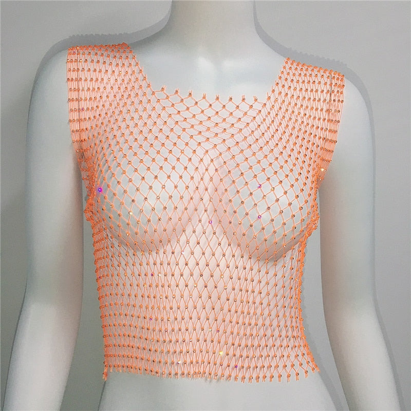 Fishnet Glitter Rhinestone Crop Top Sexy Hollow Out Mesh Sheer Women Beach Y2K Camis Crystal Diamond Club Rave Party Tank Tops orange One Size