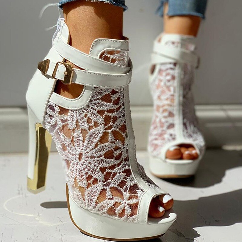 Lace High Heels New Women Belt Buckle High Heels Peep Toe Hollow Platform Sandals Summer Party Boot Large Size Women Shoes