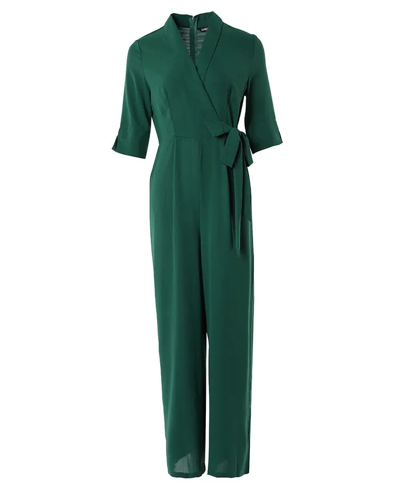 Half Sleeve Wide Leg Work Jumpsuit Summer Women's Bodysuit New Fashion Elegant Office High Waist V-Neck Lace Up Style