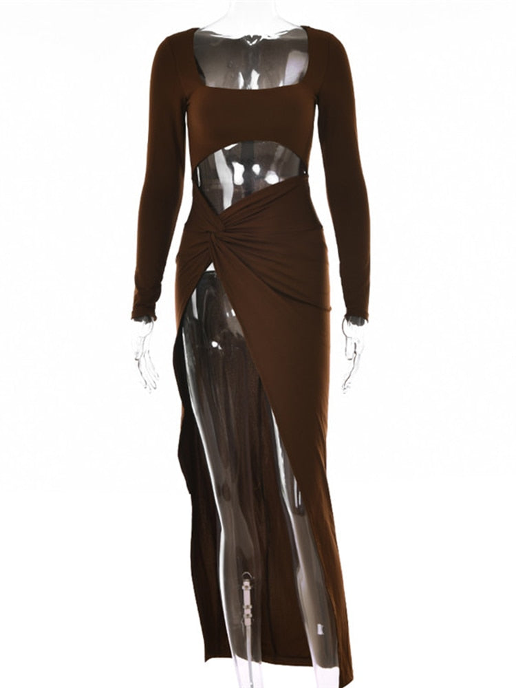 Sexy Hollow Out High Split Maxi Dress For Women Robe Autumn Full Sleeve Ruched Club Party Long Dress Vestido Brown