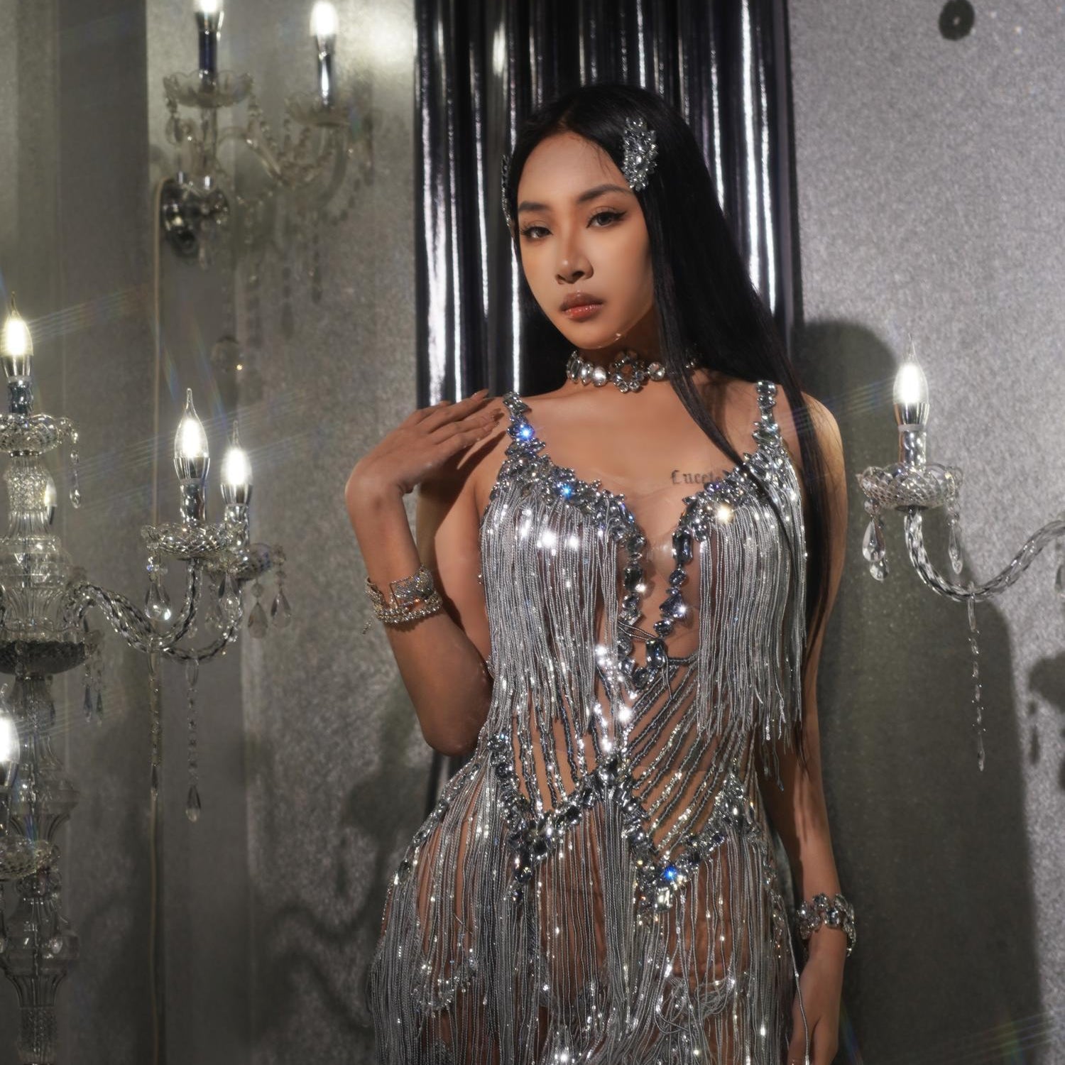 Sparkly Rhinestones Fringes Dresses for Women Sexy Mesh Performance Dance Costume Gorgeous Stage Wear Club Outfit Muyuye