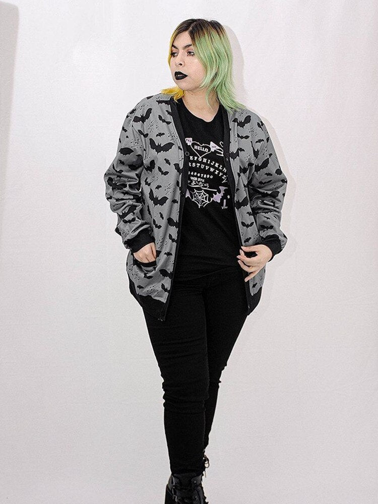 Gothic Black Bat Print Ladies Jacket Fall Loose Casual Zip-Up Top Y2K Party Fashion Top
