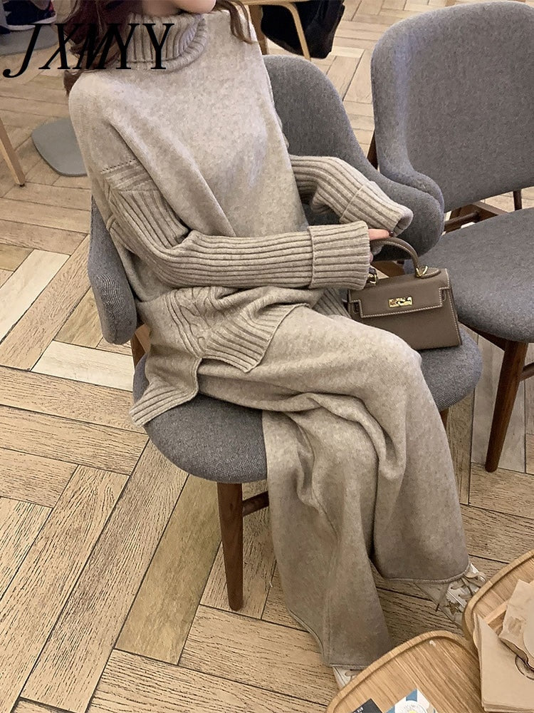 Sweater Set Women Tracksuit Spring Autumn Knitted Suits 2 Piece Set Warm Turtleneck Sweater Pullovers Wide Legs Pants