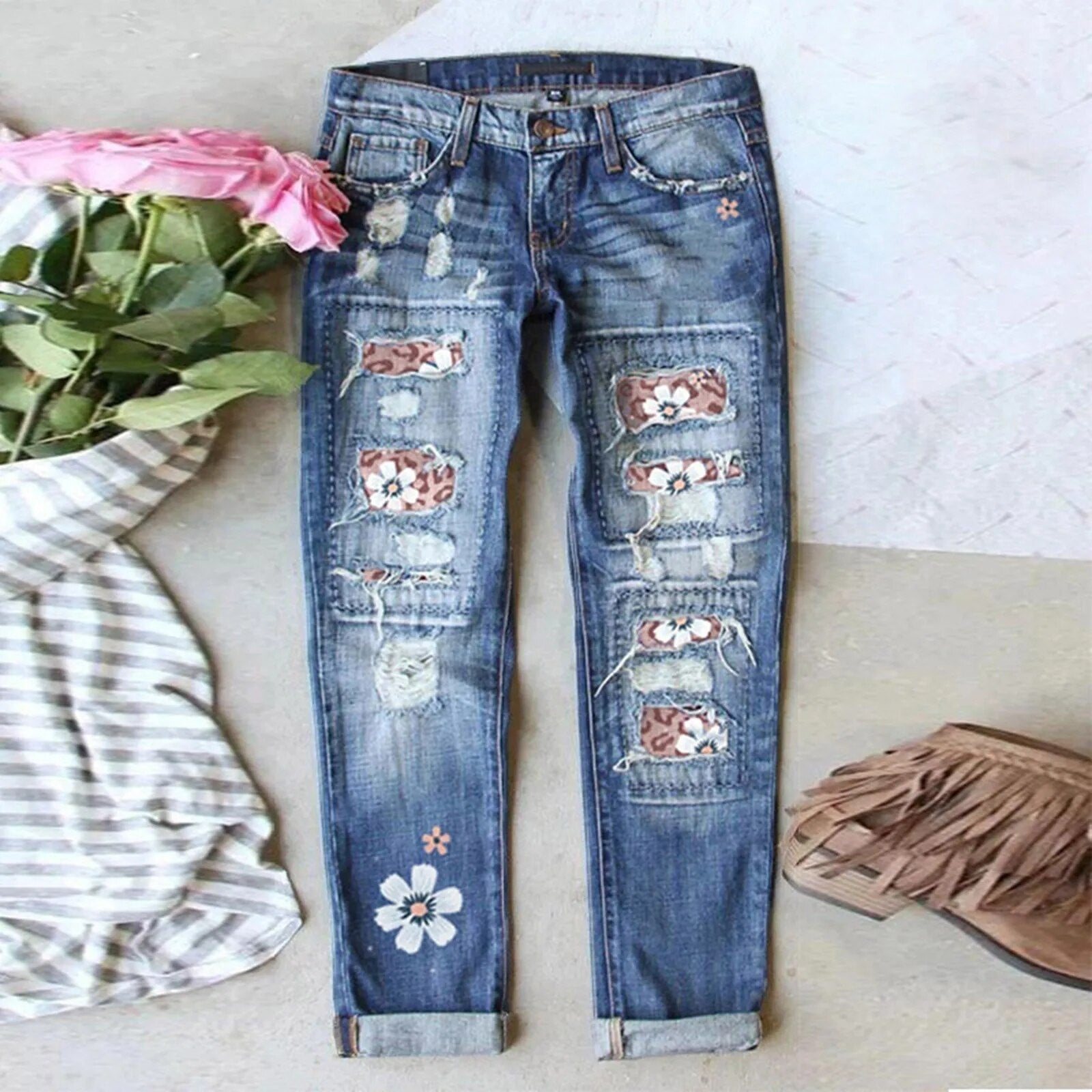 Women's Sunflower Print Ripped Jeans Patchworks Regular Fit Long Casual Denim Jeans Holes Trousers Streetwear Denim Pencil Pants 2-Red