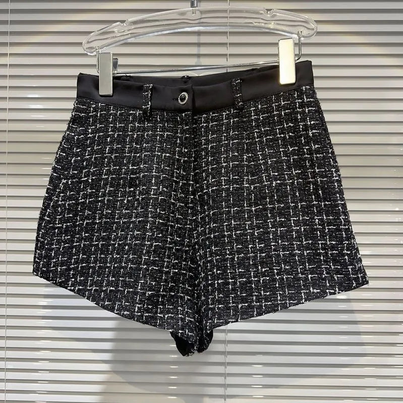 PREPOMP Autumn New Arrival Feathers Camisole Floral Pin Plaid Jacket Slim Shorts Three Piece Set Outfits Women GL610 Black Shorts