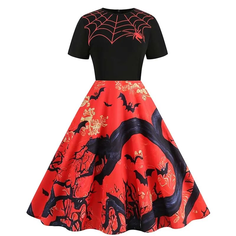Women Halloween Costumes Dresses Short Sleeve Print Autumn Winter Vintage Party Dress Vestidos 004