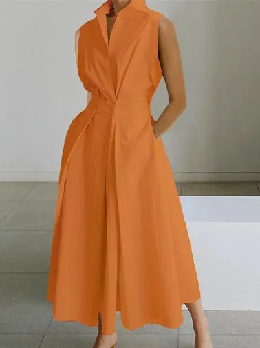 S-5XL Korean Fashion Long Sleeve Shirt Dress Chic Turndown Neck Ruched Maxi Dress Women Autumn Winter Clothes Streetwear Sleeveless-3