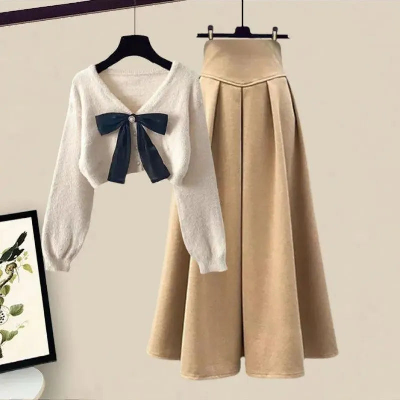 Spring Autumn in Matching Sets Women's Fashion Slim Bow Sweater+High Waist Skirt Two-piece Set Korean Chic Dress Suit Set 03