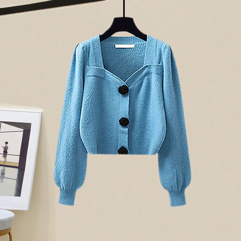 Women's Spring Autumn Fashion Knitted Sweater+Strap Dress Two-piece Korean Elegant New in Matching Sets Female Skirt Suit Blue Sweater