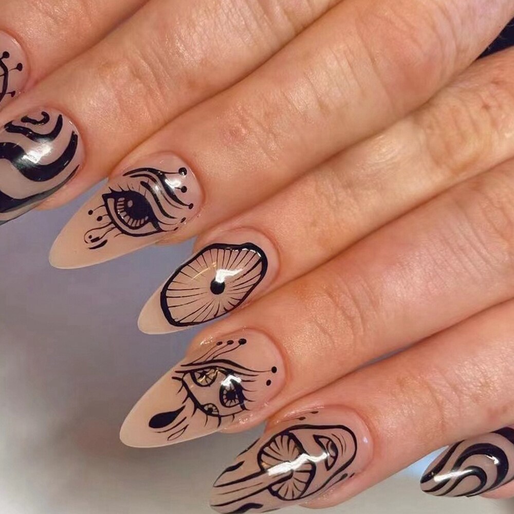 24pcs/set Long Stiletto Fake Nails Punk Snake Pattern Black White Matte False Nails Artificial Full Nail Tips Manicure Tools