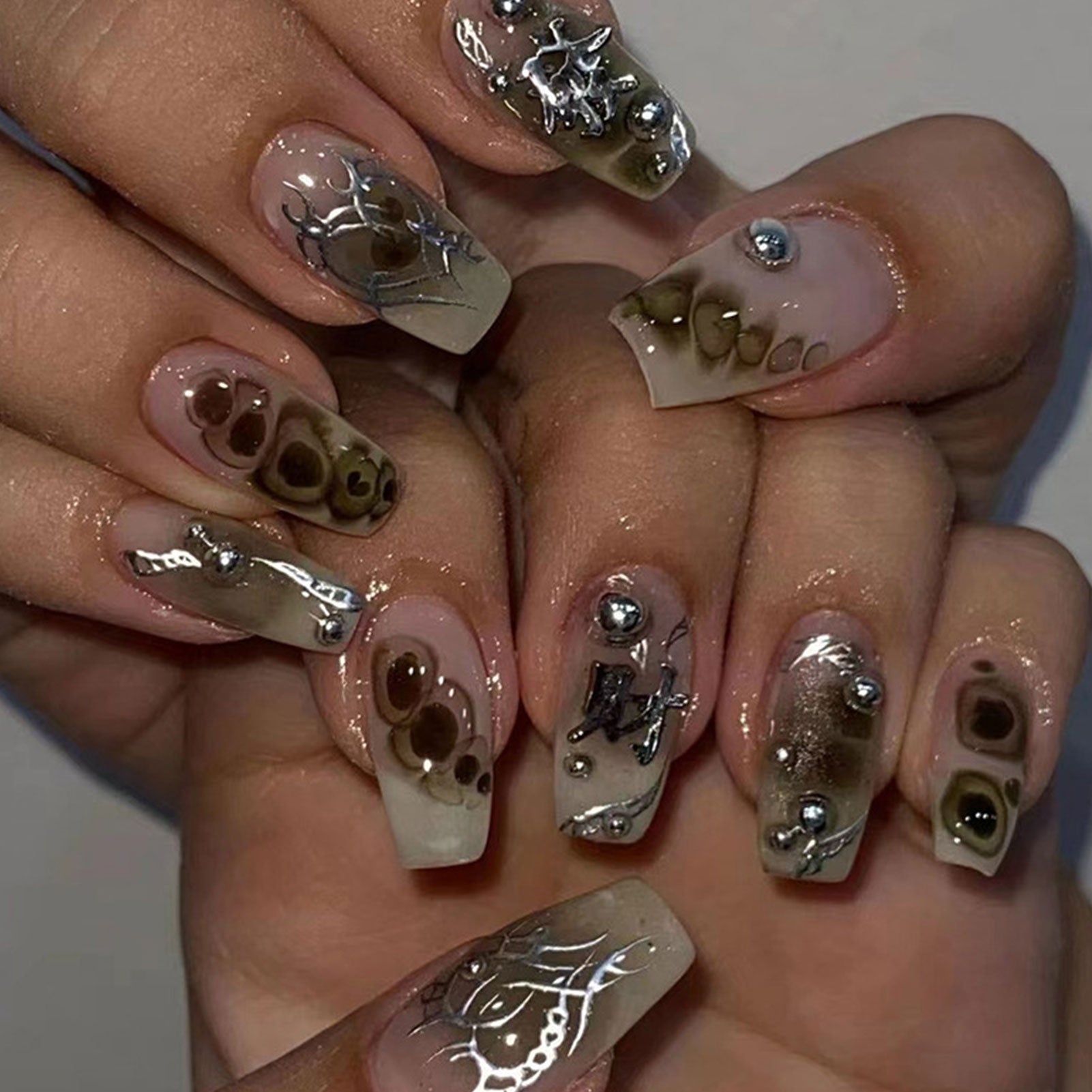 24pcs/box Fake French y2k Nails Press On Long Stiletto Almond Shape Wearable False Nails With Stars Designs Full Cover Nail Tips style11