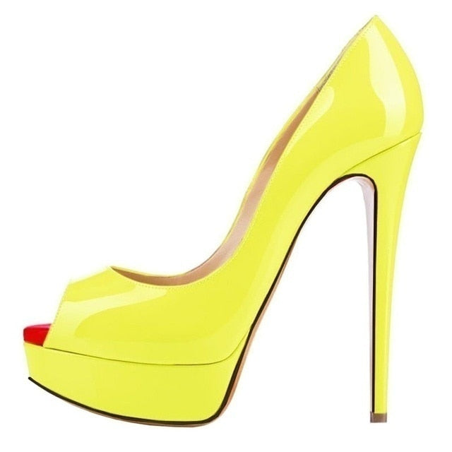 Women Pumps Sexy Platform Peep Toe 14cm Extremely High Heels Woman Patent Leather Nighclub Red Wedding Shoes Gradient Stiletto