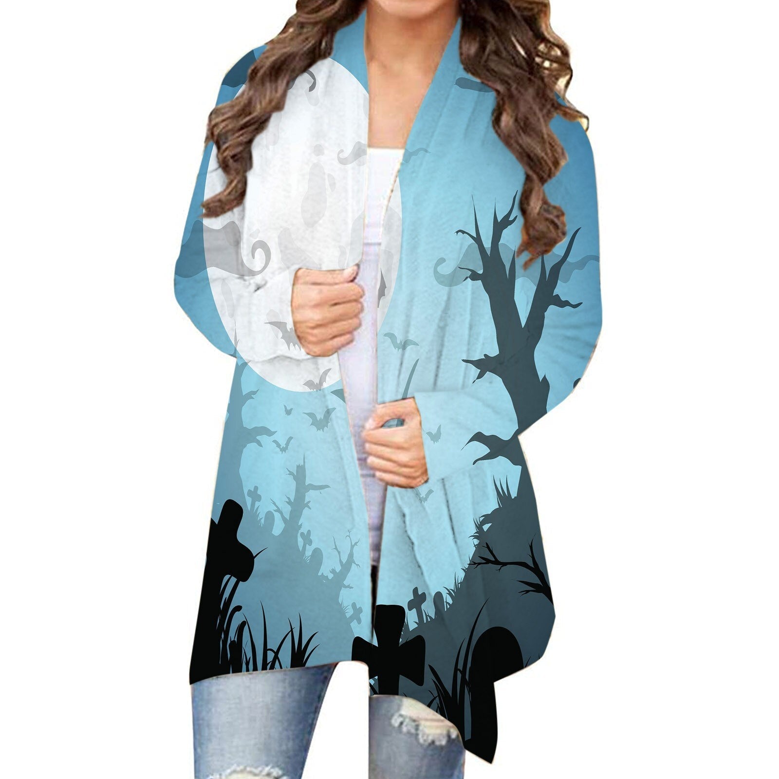 Halloween Printed Cardigan Women Casual Ghost Cat Cartoon Festival Fashion Long Sleeve Casual Cardigan Jacket Coat Top Jersey Blue