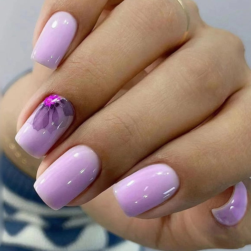 Summer New Square False Nails French Fake Nails With Flower Pattern Designs False Nails Full Cover Detachable Press on Nail Tips 15