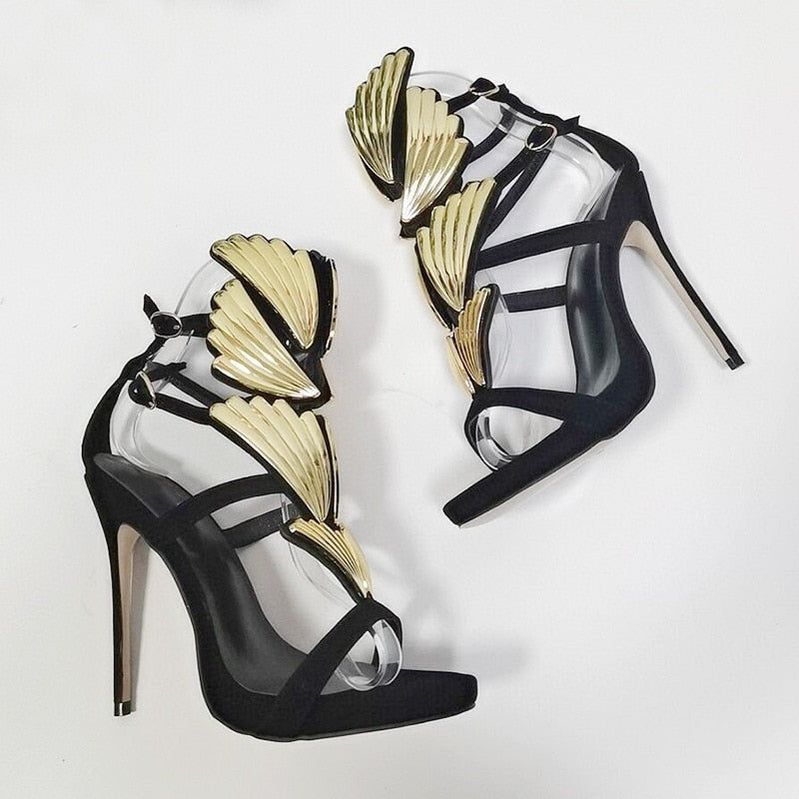 Sculpted Golden Wings Heels Sandals Ankle Strap Stiletto Heel Pointed Toe Shoes Women Casual Hollow Gladiator Sandals