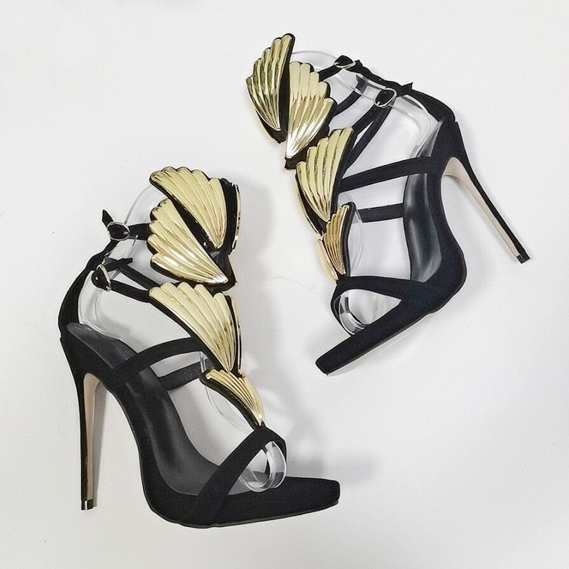 Sculpted Golden Wings Heels Sandals Ankle Strap Stiletto Heel Pointed Toe Shoes Women Casual Hollow Gladiator Sandals