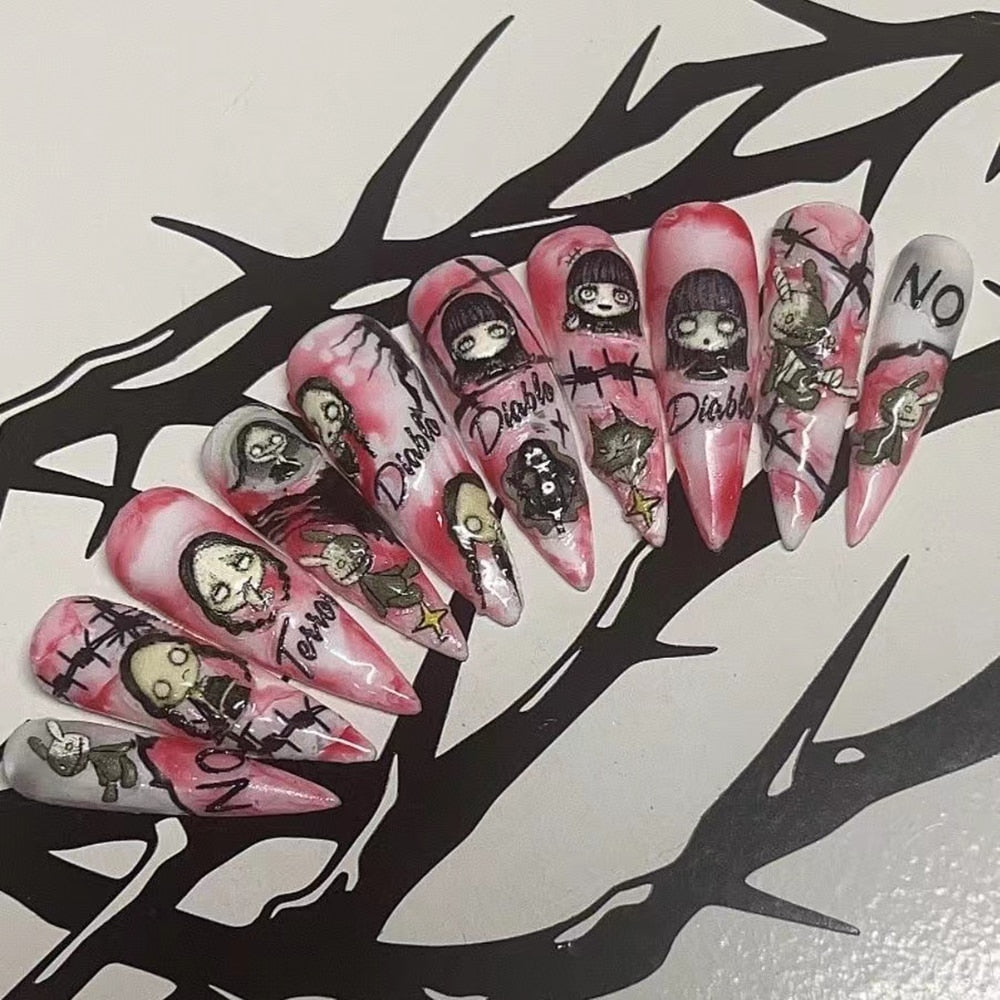 Fashion Cool Personality Cosplay Party Nails Long Coffin 3D High-End Chain Nail Tips Girls Gift Accessories