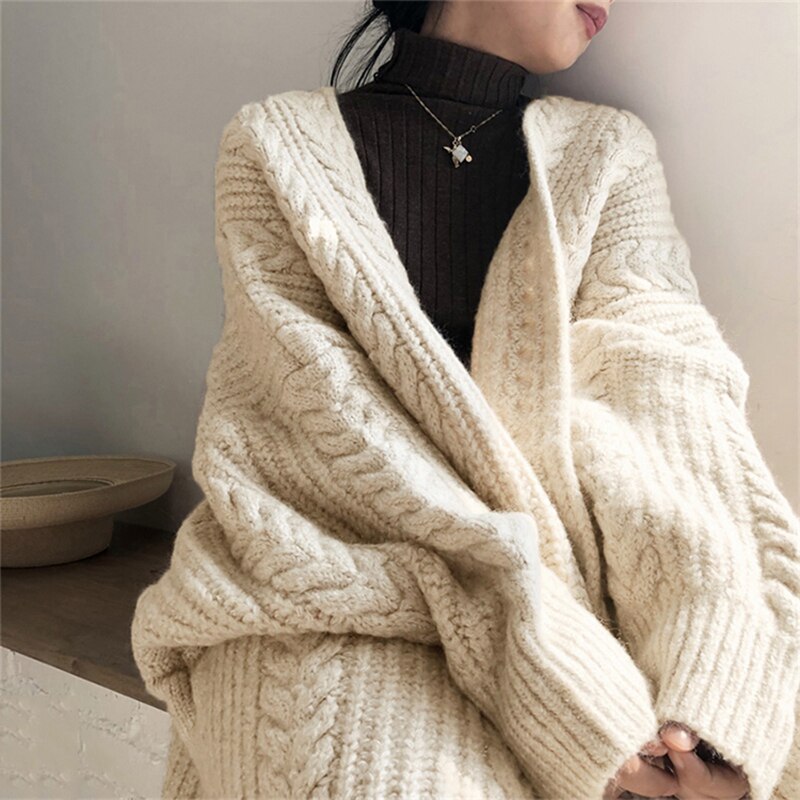 ABRIN Winter Women Loose Warm Long Cardigan TRAF Coat Autumn Long Sleeve Knit Thicken Sweater Coat Women Streetwear Outerwear