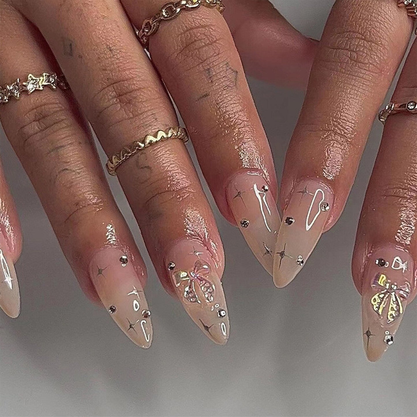 Short Almond Y2k Nails Press On Nail With Black Pentacle Star Designs 24pcs White French False Nails Rhinestone Fake Nail Tips