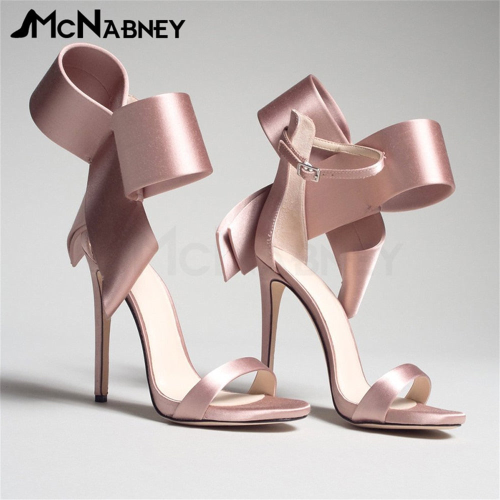 Satin Butterfly Knot High Heels Stiletto Pointed Toe Sandals Luxury Style Shoes Fashion High Heels Shiny Rhinestone Sandals Sale Satin-Pink