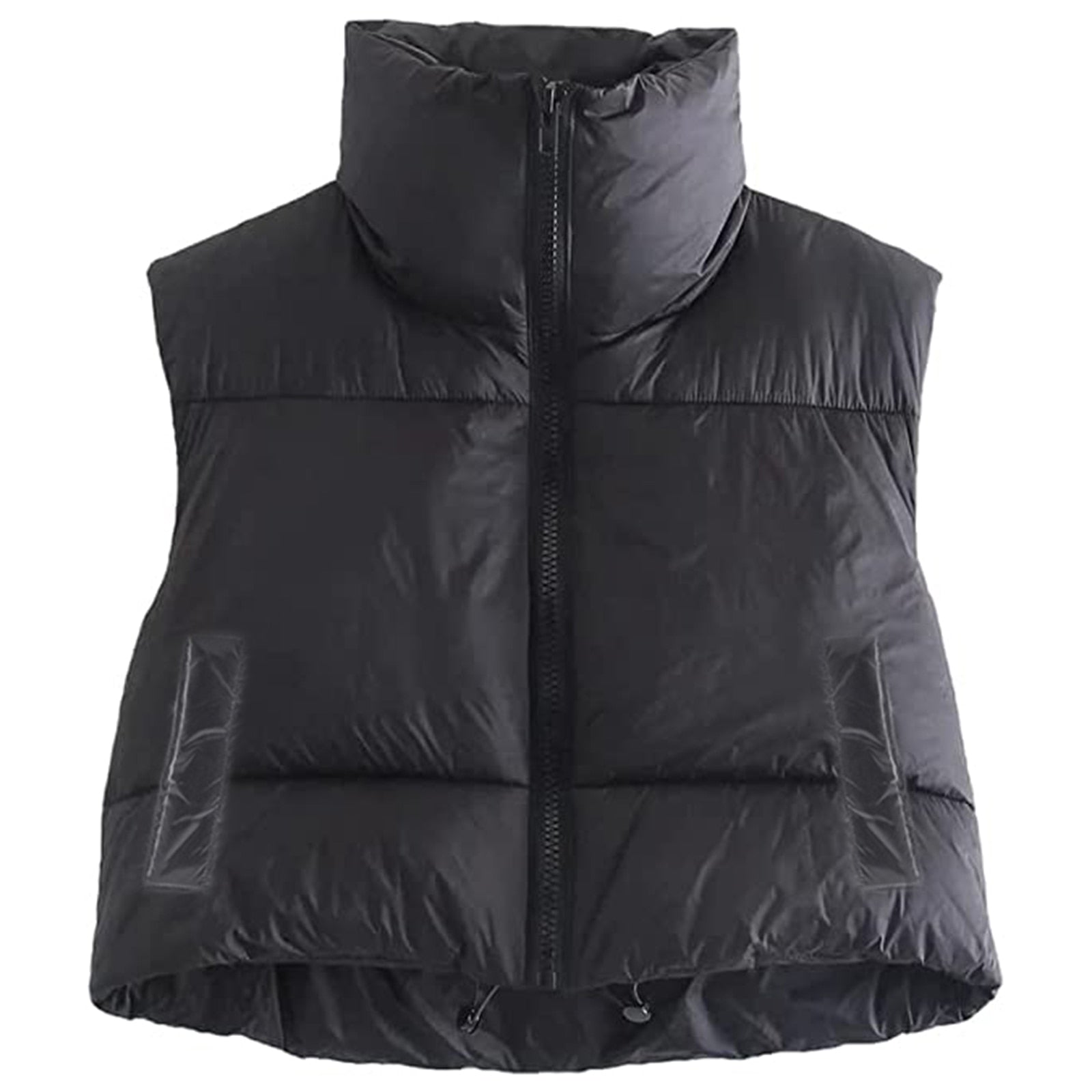 Women Winter Warm Crop Waistcoat, Sleeveless Stand Collar Double Sided Lightweight Puffer Vest Black