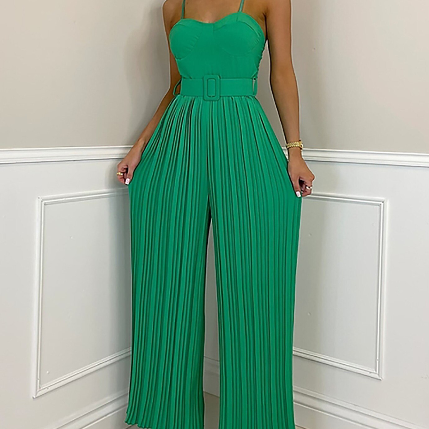 2023 Summer Casual Suspenders Long Jumpsuit Women Sexy Fashion Solid Sleeveless Sashes Pleated Wide Leg Jumpsuit Orange Female