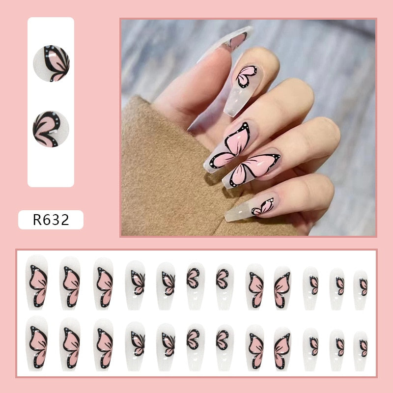 24Pcs/Box Sweet Short Round/Square Head False Nail Art Full Cover Detachable Artificial Fake Nails Ballerina Press on Nails Tips R632