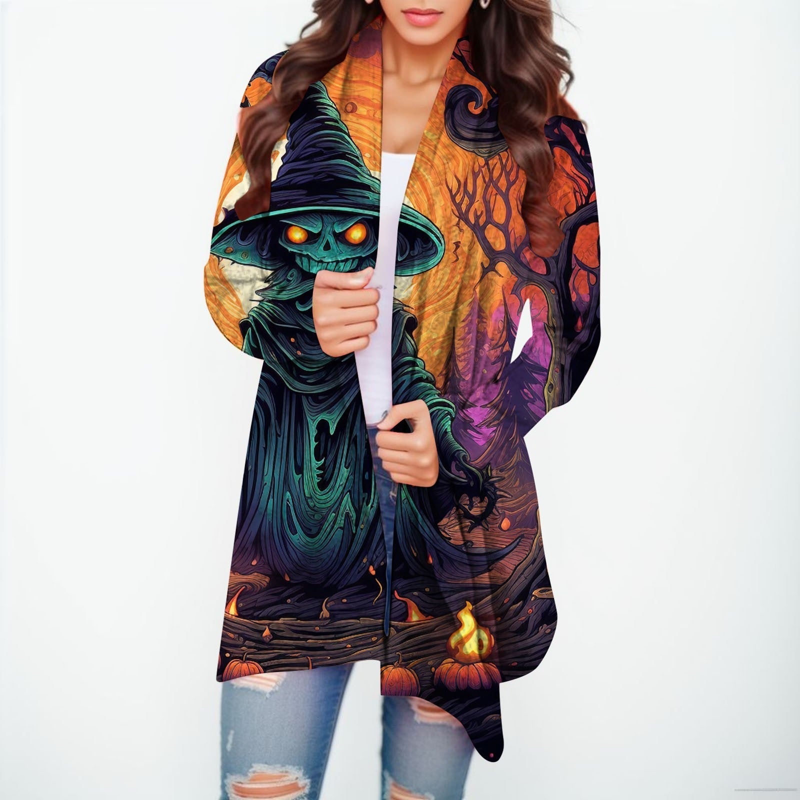 Halloween Print Women's Cardigans Witch Spider Web Fun Graphic Open Front Coat Cardigan With Pockets Fall Casual Coat Jackets