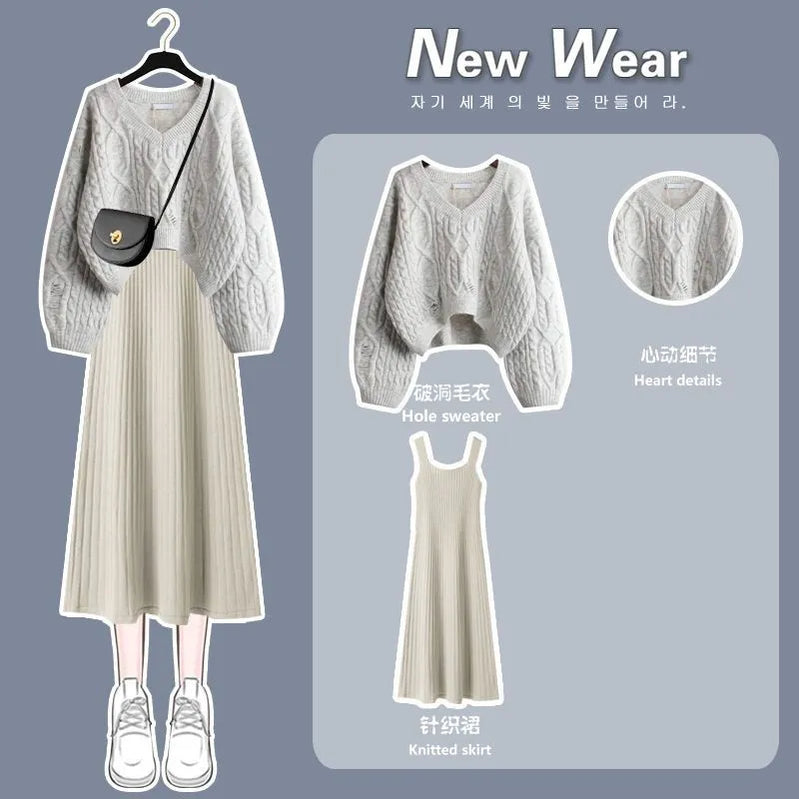 Women's Autumn Winter New Fashion V-Neck Sweater Knitted Dress Two Piece Korean Elegant Top Skirt Matching Set Female Suit Set 04