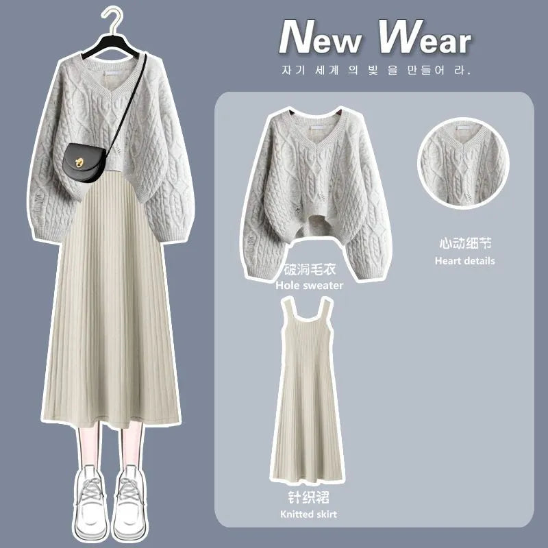 Women's Autumn Winter New Fashion V-Neck Sweater Knitted Dress Two Piece Korean Elegant Top Skirt Matching Set Female Suit Set 04