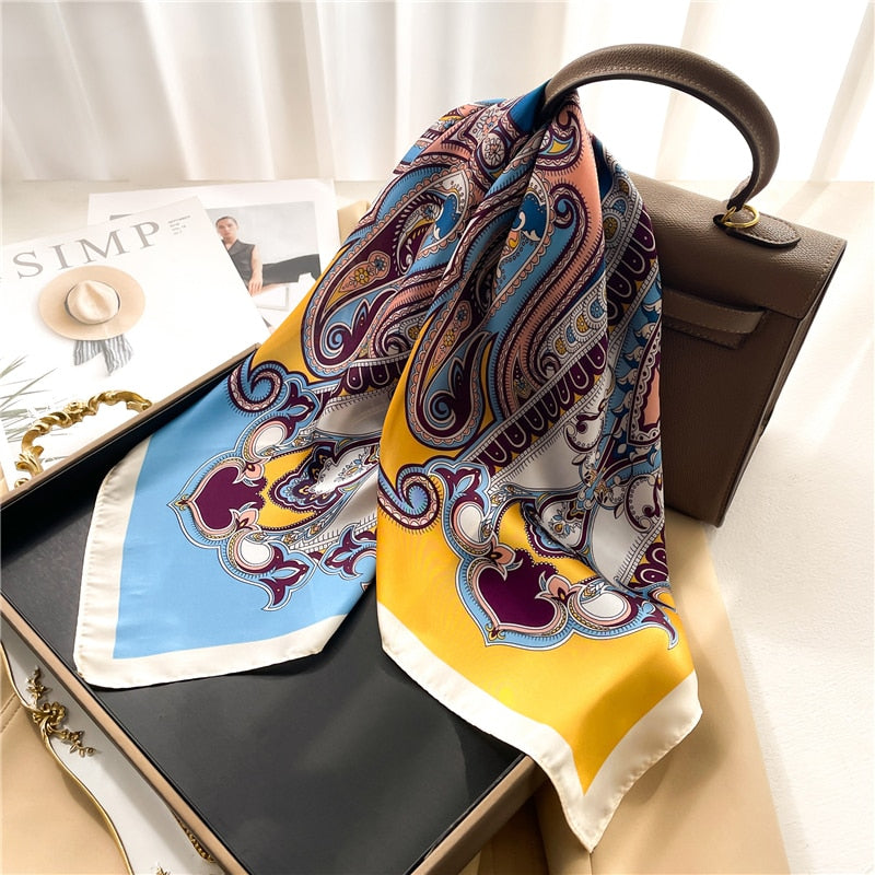 Luxury Print Satin Silk Square Scarf for Women Shawl Hijab Neckerchief Female Hair Ribbon Headband Fashion Wrap Bandana New FJ644-1