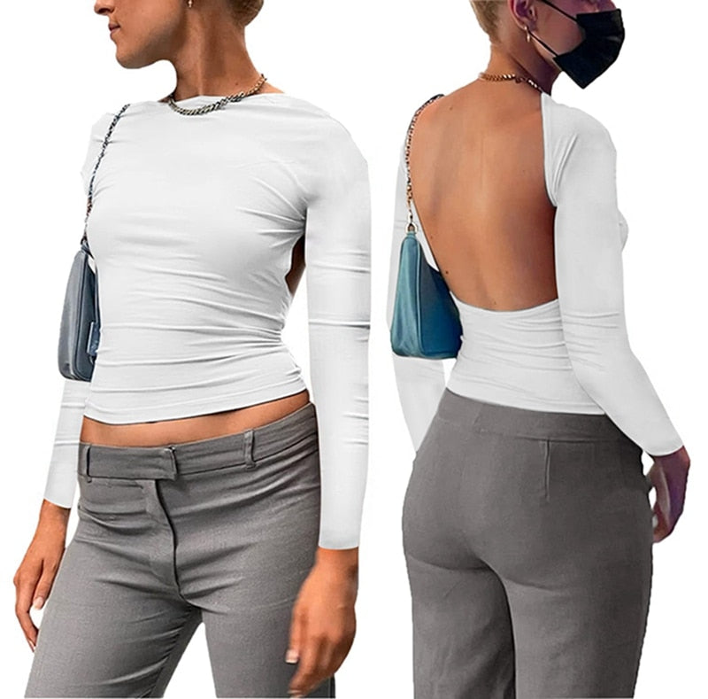 Y2K Sexy Backless Crop Top Women Casual 2023 Summer Short Sleeve O Neck T Shirts Streetwear Fit Slim Pullovers Base Tees T-Shirt Long Sleeve White