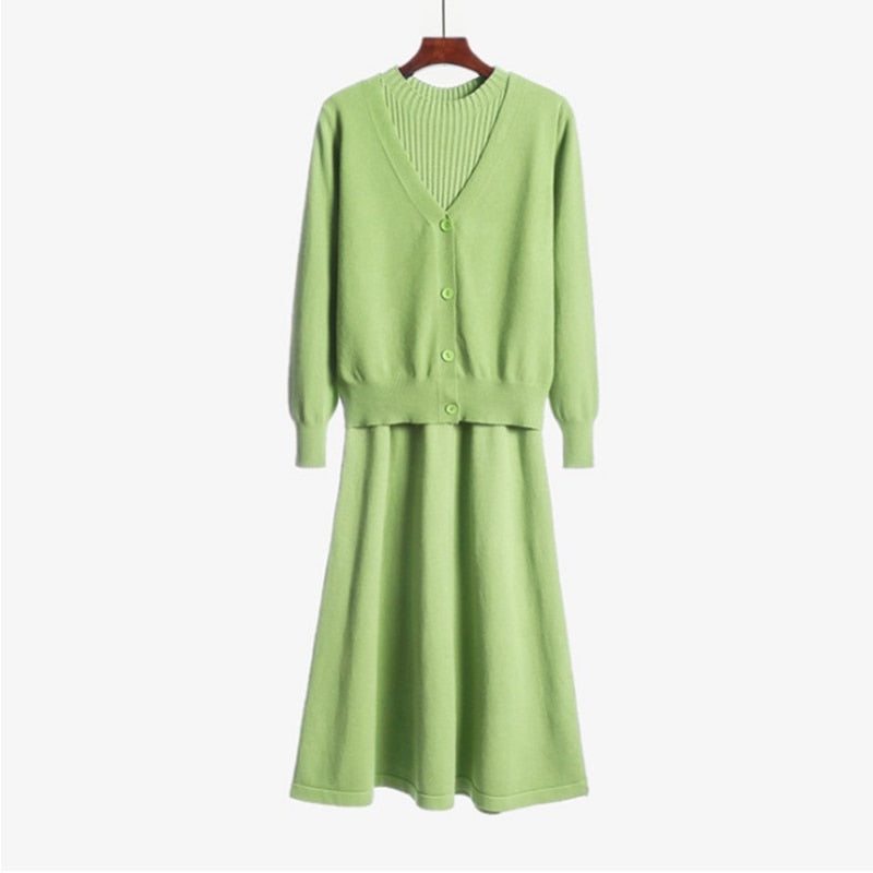 Women's Sweater Sets Autumn Winter V Neck Knitted Cardigan Coat Tops Long Dresses 2 Piece Sets Women Outfit Female Clothing Green One Size