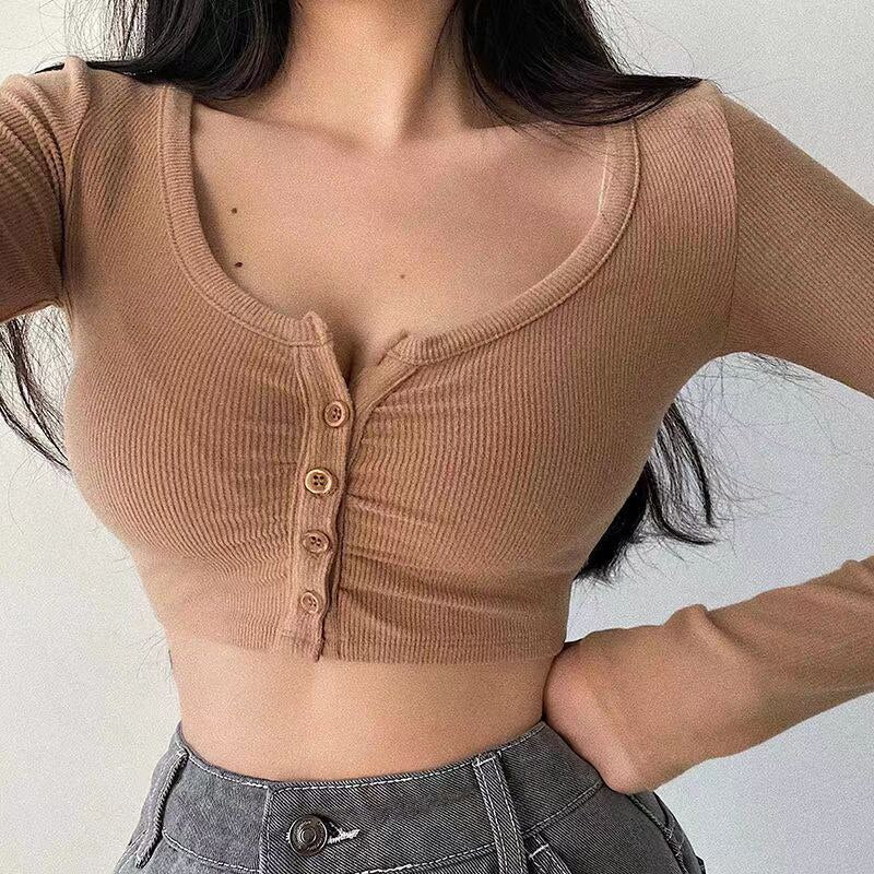 Xpqbb White Long Sleeve Crop Top Women Y2K Sexy Skinny Night Club Short T-Shirt Female 2023 Summer Thin Button Knitted Blouse Khaki Spain