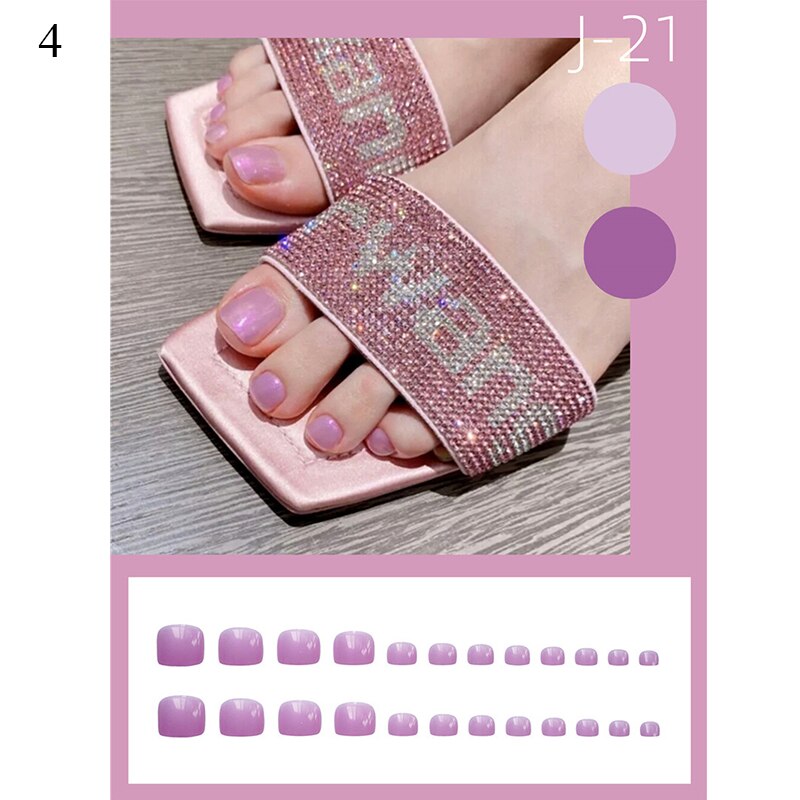 False Toenail 24Pcs/Box Toe Nail 3D Glitter Decor Press On Fake Nails With Glue Detachable Square Short Full Cover DIY Nail Tips