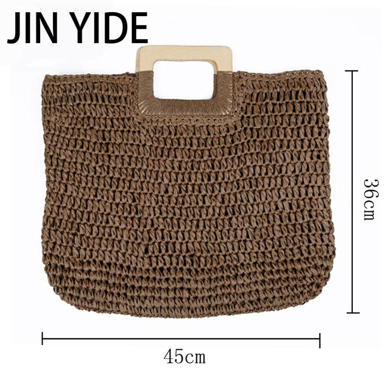 Summer Straw Handbag Wooden Handle Large Capacity Paper Rope Woven Straw Bag New Fashion Summer Vacation Travel Beach Bag