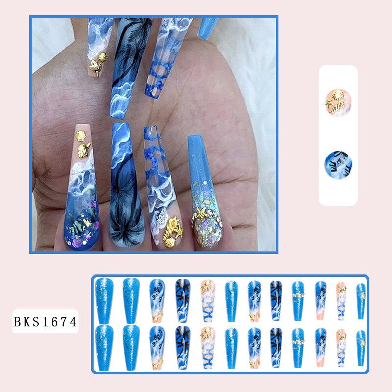 3D strobe fake nails accessories Hand painted beach wearing long french coffin tips with shells diamond press on false nail set Default Title