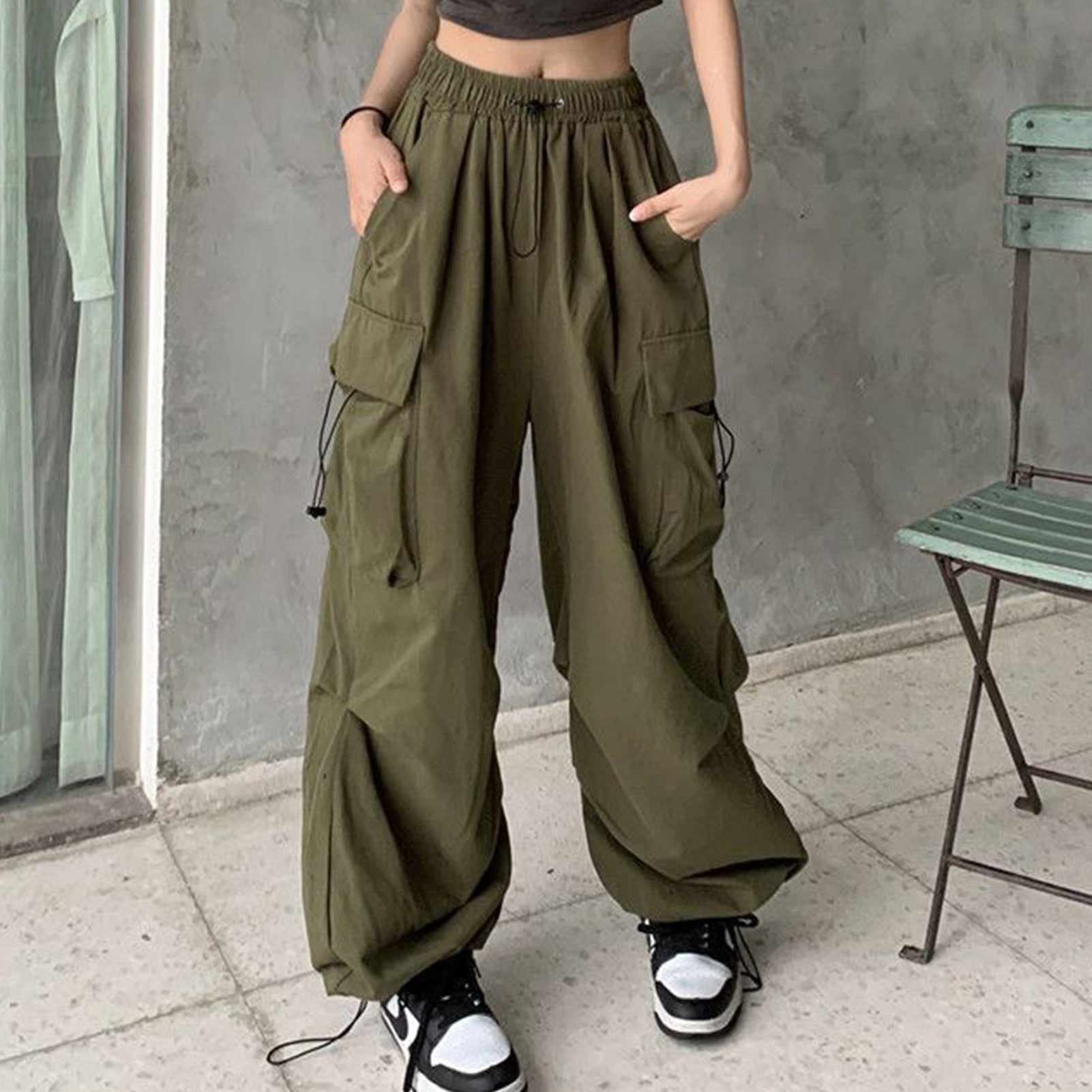 Fashion Casual Cargo Pants American Style Women Casual Cargo Trousers Elastic Waist Vintage with Pockets Solid Color Streetwear